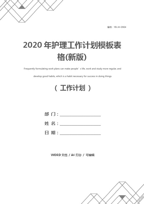 2020年护理工作计划模板表格(新版)