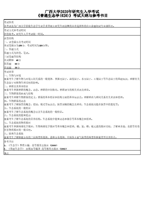 广西大学626普通生态学2020年考研专业课初试大纲