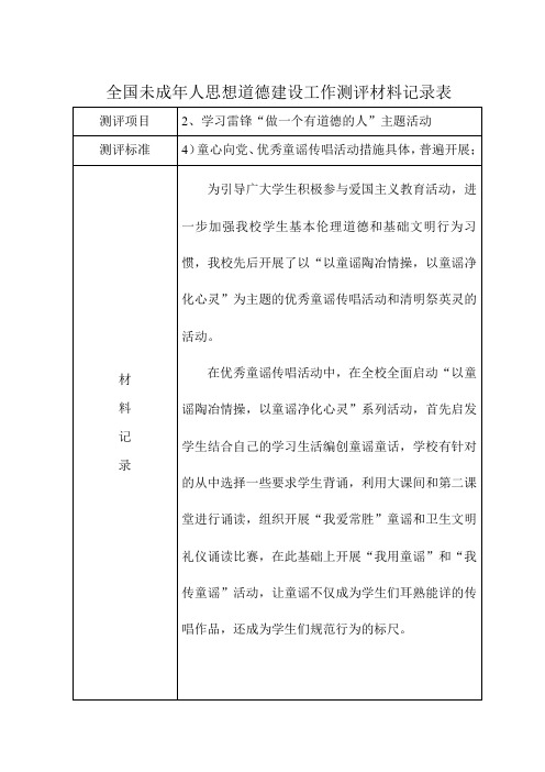 全国未成年人思想道德建设工作测评材料记录表