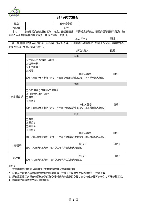 员工离职交接表(模板)