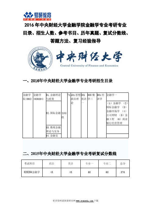 2016中央财经大学金融学院金融学专业考研专业目录 招生人数 参考书目 历年真题 分数线 答题方法 复习经验