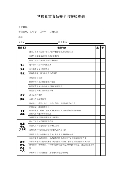 学校食堂食品安全监督检查表