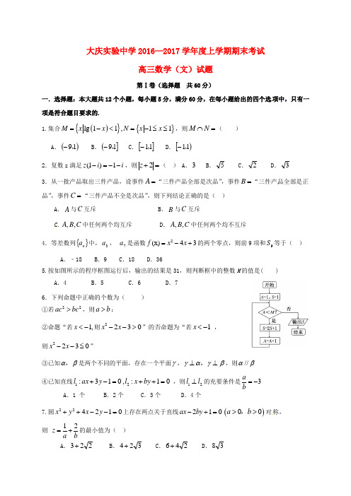 2017届黑龙江大庆实验中学高三数学上学期期末测试习题文