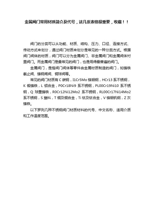 金属阀门常用材质简介及代号，这几张表格很重要，收藏！！