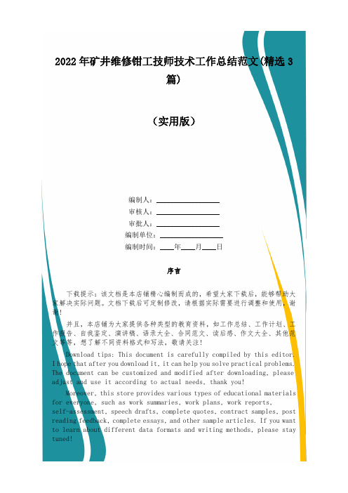 2023年矿井维修钳工技师技术工作总结范文(精选3篇)