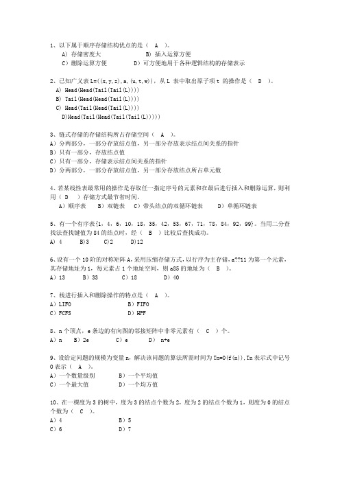 2012西藏自治区数据结构试题及答案