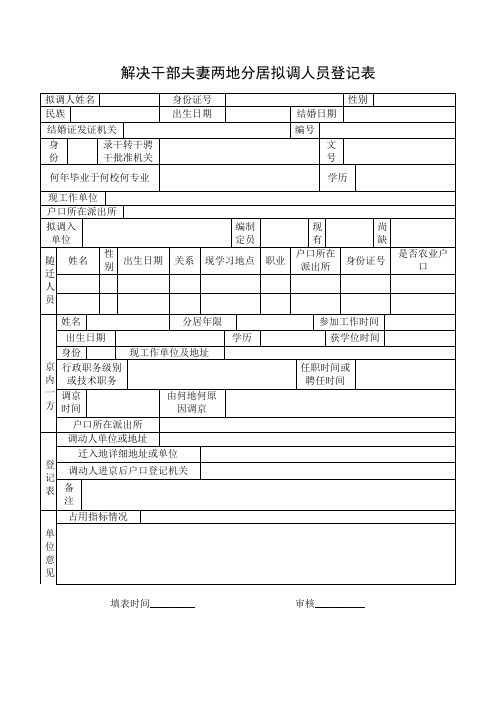 解决干部夫妻两地分居拟调人员登记表