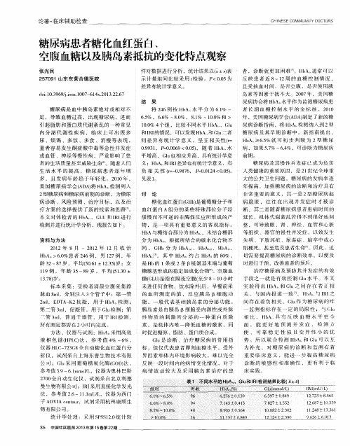 糖尿病患者糖化血红蛋白、空腹血糖以及胰岛素抵抗的变化特点观察