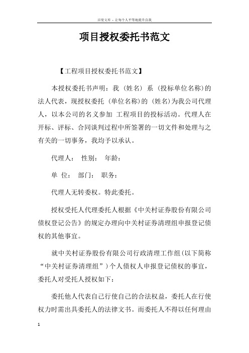 项目授权委托书范文