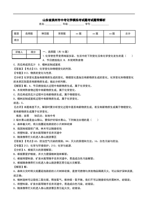 山东省滨州市中考化学模拟考试题考试题带解析.doc