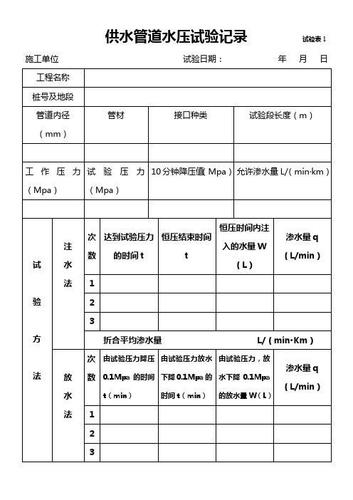 供水管道水压试验记录   试验表