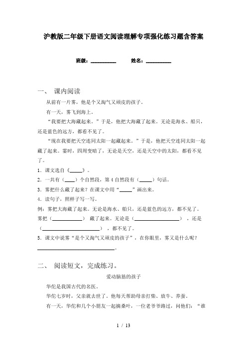 沪教版二年级下册语文阅读理解专项强化练习题含答案