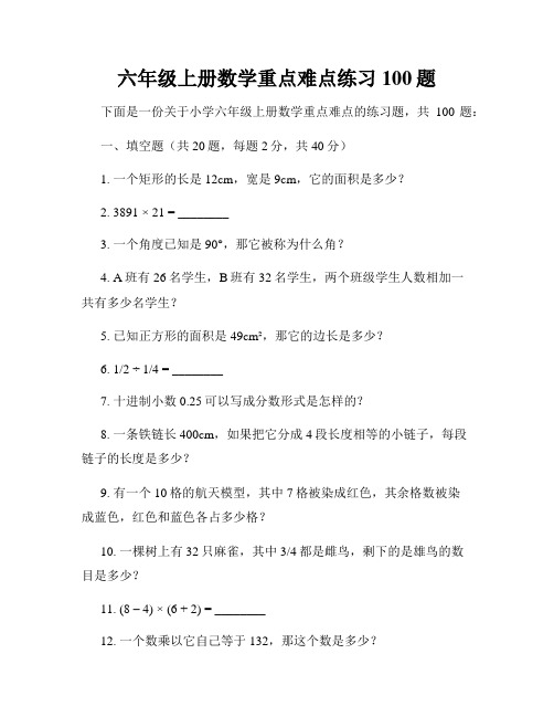 六年级上册数学重点难点练习100题