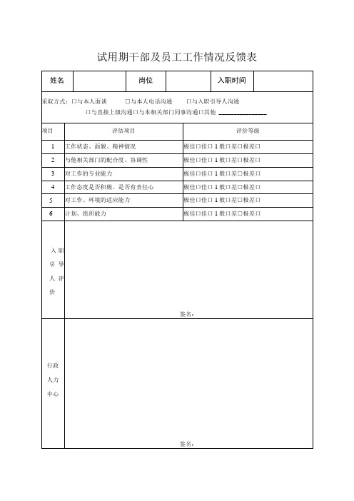 企业管理资料-试用期员工工作情况反馈表文档范本