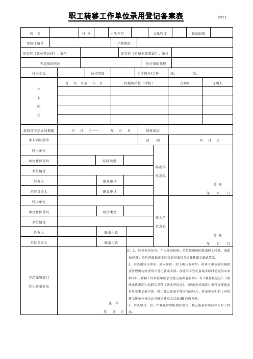 职工转移工作单位录用登记备案表