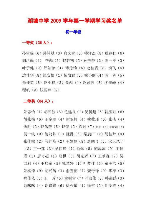 湖塘中学2009学年第一学期学习奖名单