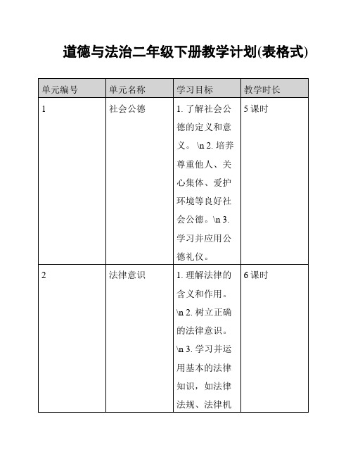 道德与法治二年级下册教学计划(表格式)