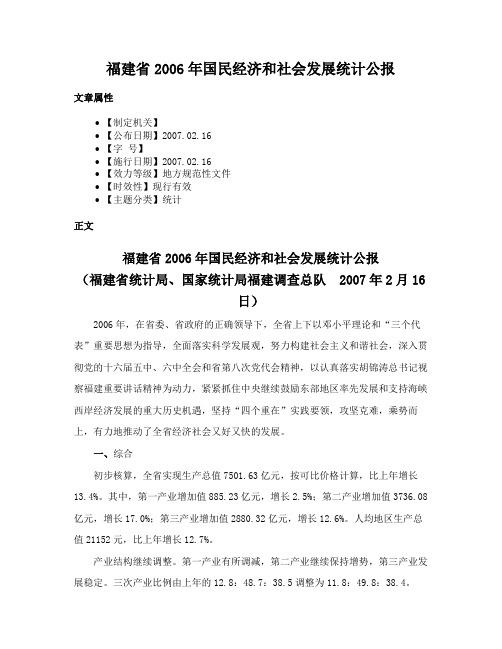 福建省2006年国民经济和社会发展统计公报