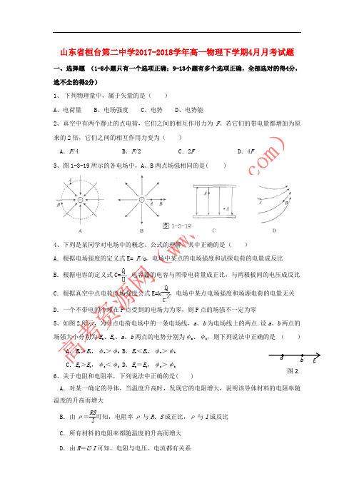 山东省桓台第二中学2017-2018学年高一物理下学期4月月考试题