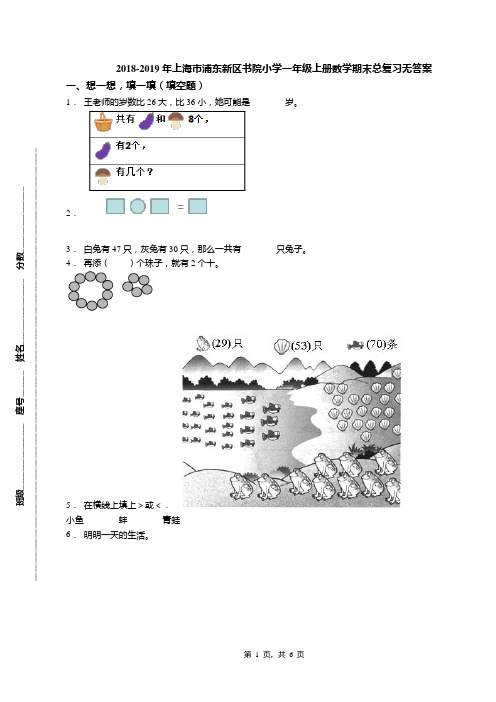 2018-2019年上海市浦东新区书院小学一年级上册数学期末总复习无答案