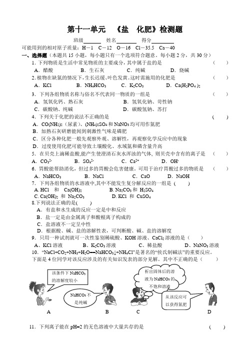 人教版九年级化学下册第十一单元  《盐  化肥》检测题