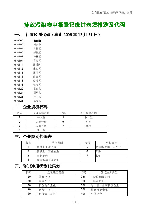 排放污染物申报登记统计表填报涉及代码