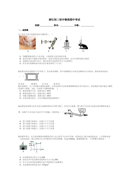 浙江初二初中物理期中考试带答案解析
