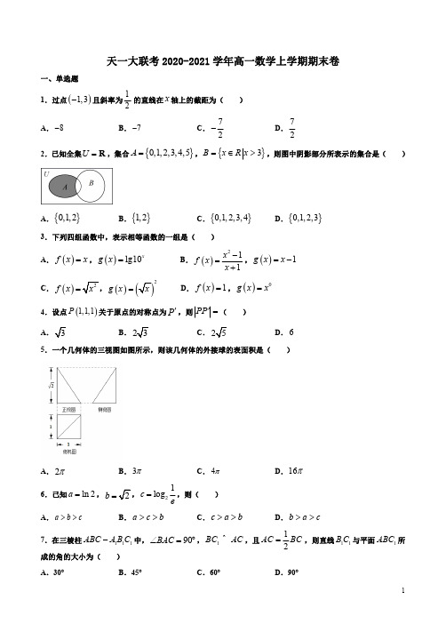 天一大联考2020-2021学年高一数学上学期期末卷附答案解析