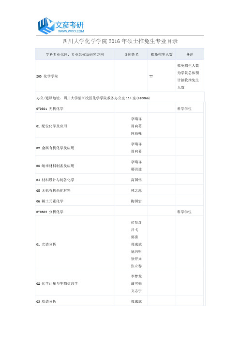 四川大学化学学院2016年硕士推免生专业目录_四川大学考研论坛