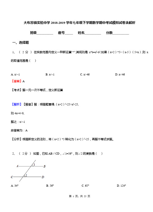 大布苏镇实验中学2018-2019学年七年级下学期数学期中考试模拟试卷含解析