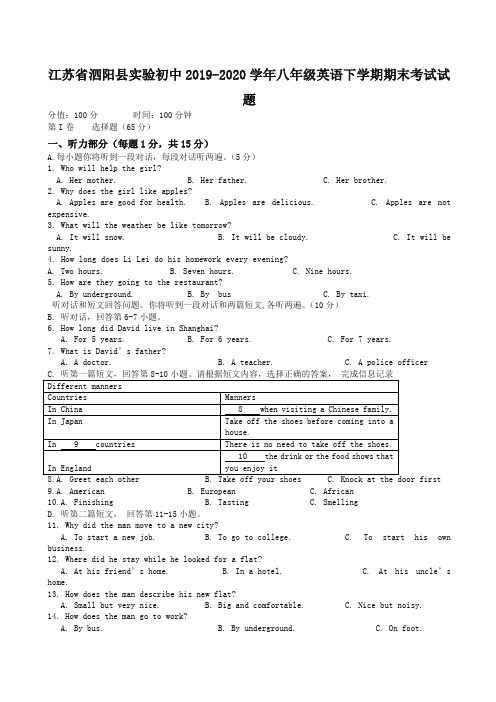 江苏省泗阳县八年级英语下册考试试题【精品】