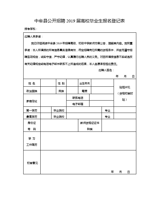 中牟县公开招聘2019届高校毕业生报名登记表【模板】