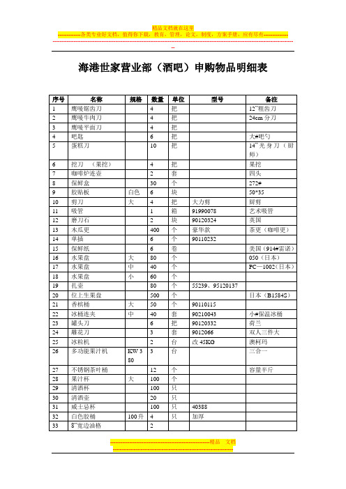 酒店用品报价评估参数对比表