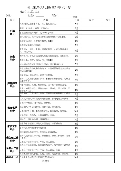 教师月考核评分表