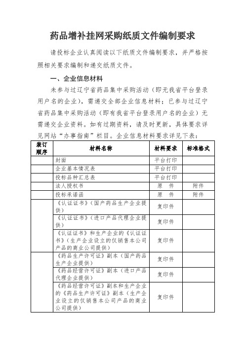 药品增补挂网采购纸质文件编制要求