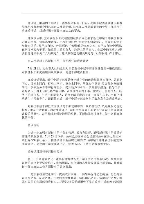 新任中层干部任前廉政提醒谈话 3篇精选(最新)