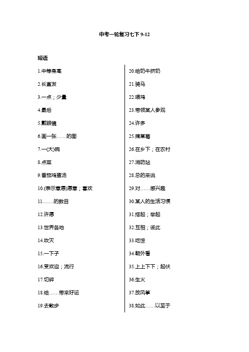 人教版英语中考一轮复习七年级下册9-12单元+短语汇总练习