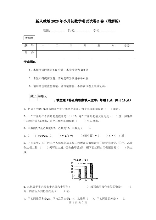 新人教版2020年小升初数学考试试卷D卷 (附解析)