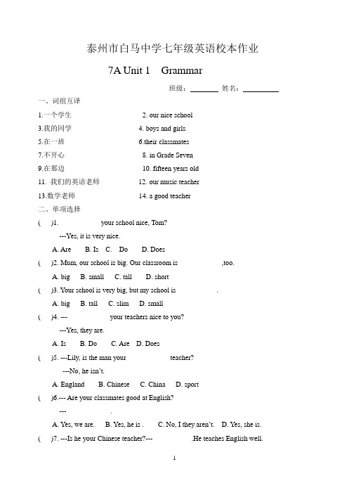 新译林版英语七年级上册Unit1Grammar课时练含答案