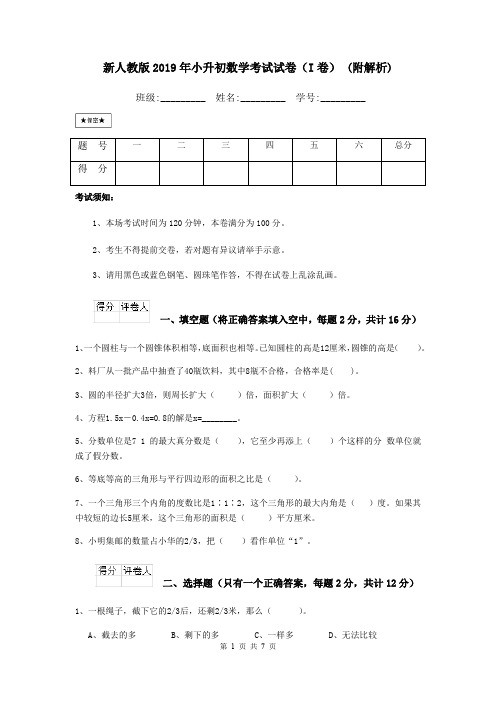 新人教版2019年小升初数学考试试卷(I卷) (附解析)