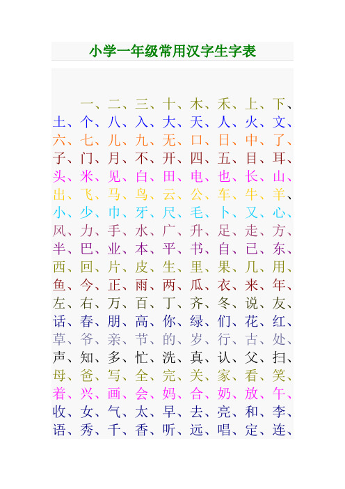 小学一年级常用汉字生字表