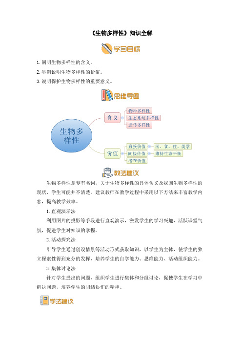 苏教版八年级生物上册《生物多样性》知识全解