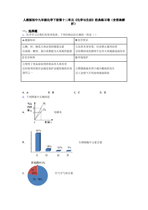 人教版初中九年级化学下册第十二单元《化学与生活》经典练习卷(含答案解析)