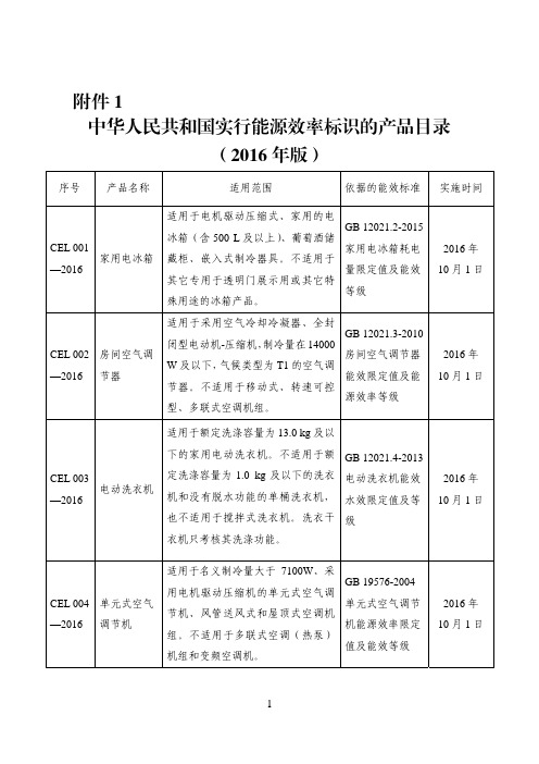 1.中华人民共和国实行能源效率标识的产品目录(2016版)