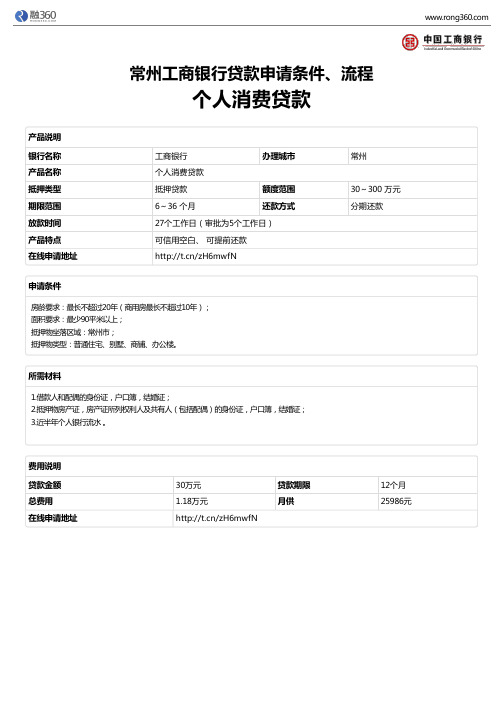 《个人消费贷款》常州工商银行-房屋抵押贷款-申请条件、材料、流程、利率