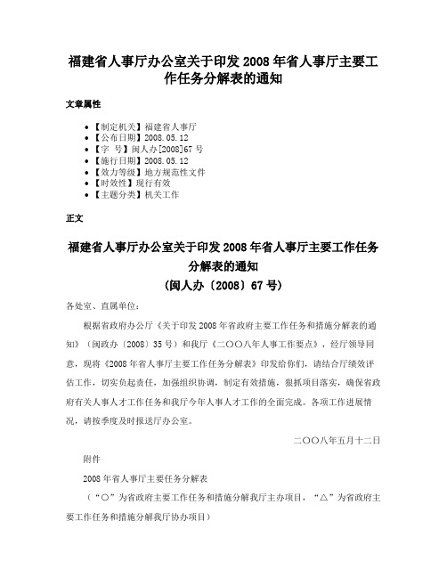 福建省人事厅办公室关于印发2008年省人事厅主要工作任务分解表的通知