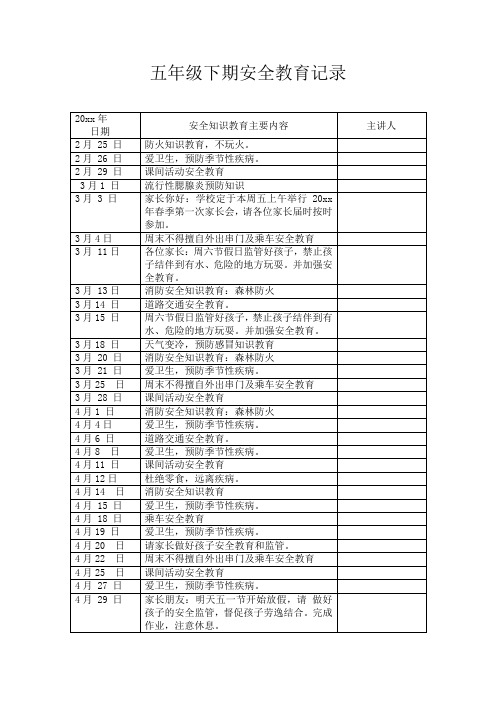 小学五年级安全教育 记录表