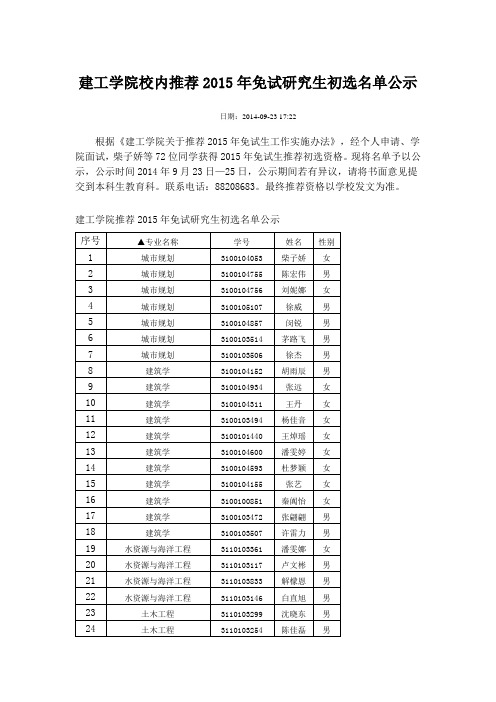 浙江大学2015年建工学院校内推荐2015年免试研究生初选名单公示