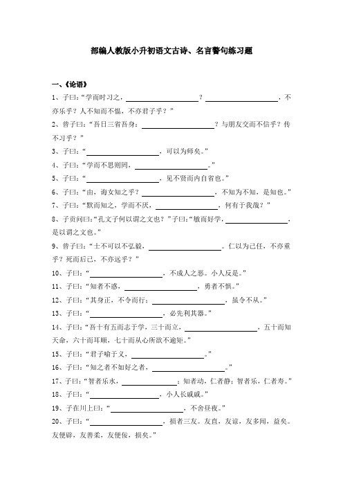 2020部编人教版小升初语文古诗、名言警句练习题