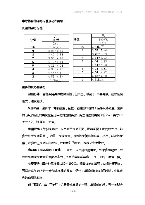 中考体育的评分标准及动作要领